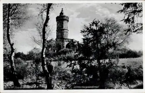 Ak Saarbrücken im Saarland, Winterbergdenkmal, Gebäudeturm, Bäume, Schwarz-Weiß-Foto