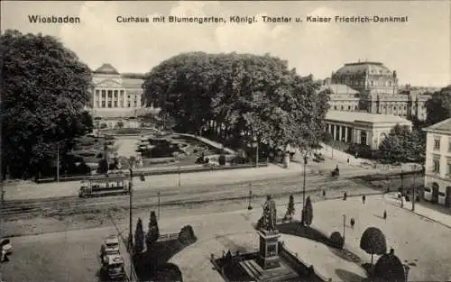 Ak Wiesbaden in Hessen, Curhaus, Blumengarten, Königl. Theater, Kaiser Friedrich-Denkmal