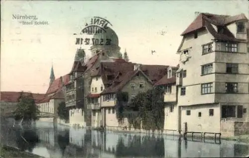 Ak Nürnberg in Mittelfranken Bayern, Insel Schütt, Flusspartie, Synagoge