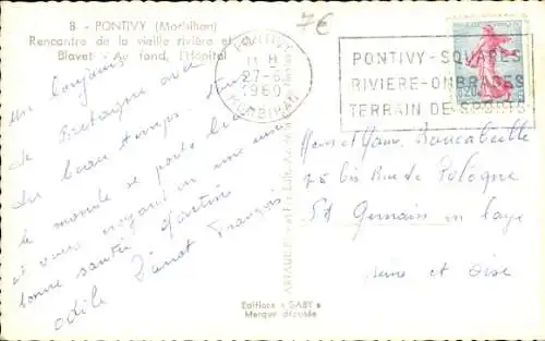 Ak Pontivy Morbihan, Ansicht eines Flusses, Gebäude, ein Kind am Ufer, schwarz-weiß Bild