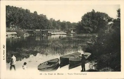 Ak Champigny sur Marne Val de Marne, Flusslandschaft, Boote, Bäume, Menschen am Ufer