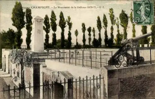 Ak Champigny sur Marne Val de Marne, Monument de la Défense 1870-71, Kanone, Bäume, Eingangstor