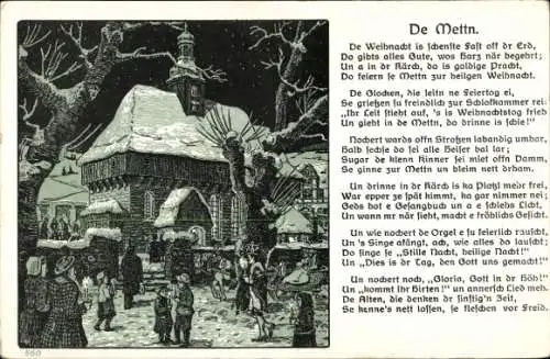 Ak Gedicht De Mettn, De Weihnacht is schneste..., Menschen auf dem Weg zur Kirche