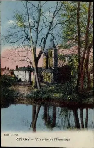 Ak Civray Vienne, Kirche, Wasser, Bäume, Landschaft, Pastellfarben