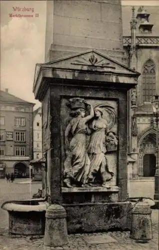 Ak Würzburg am Main Unterfranken,  Marktbrunnen II, Statue, Brunnen, Stadtansicht