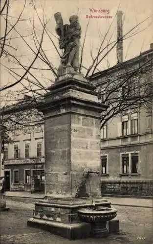 Ak Würzburg am Main Unterfranken, Andreasbrunnen, Statue, Brunnen, Stadtansicht,  