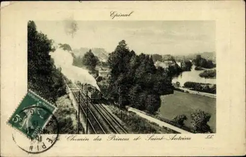 Ak Épinal Lothringen Vosges, Eisenbahn, grünes Landschaftsbild, Bahnhof, Fluss