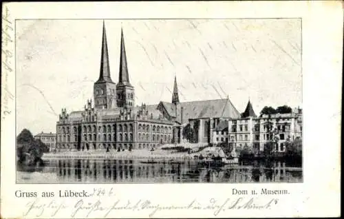 Ak Hansestadt Lübeck, Dom und Museum, Gruß aus  , schwarz-weiß