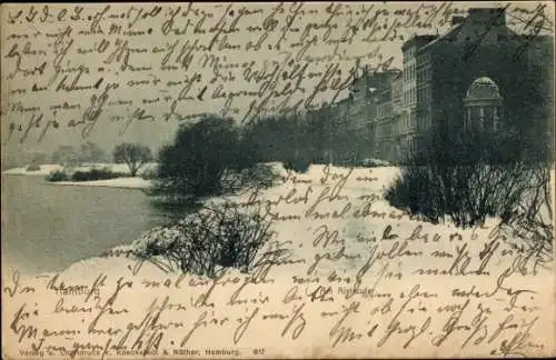 Ak Hamburg Mitte Altstadt, Schneelandschaft, Fluss, s Gebäude, handgeschriebene Nachricht