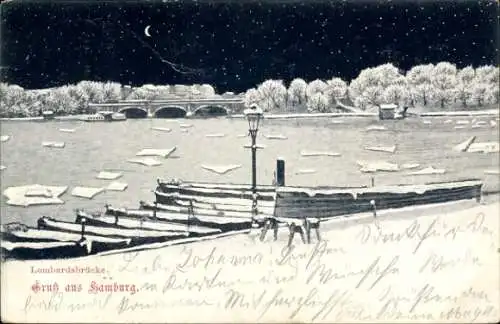 Ak Hamburg Mitte Altstadt, Lombardsbrücke, Hafenansicht, Nachtaufnahme, verschneite Bäume, Boote