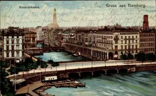 Ak Hamburg Mitte Altstadt, Alsterarkaden, Gruss aus  Stadtansicht, Wasserstraße