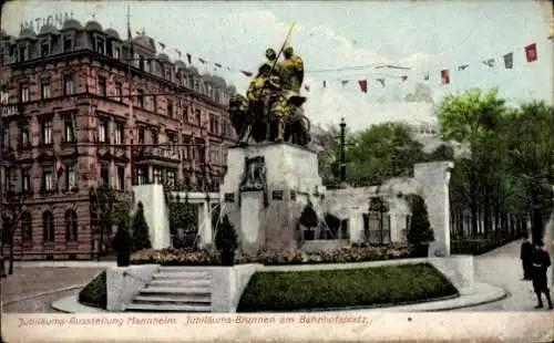 Ak Mannheim in Baden, Jubiläums-Brunnen, Jubiläums-Ausstellung, Bahnhofsplatz, National