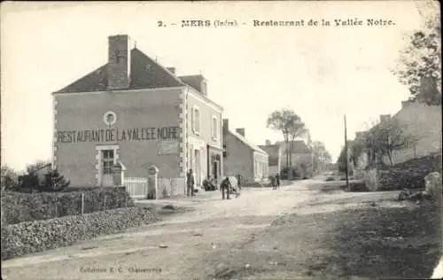 Ak Mers sur Indre Indre, Restaurant de la Vallée Noire, Straße, Bäume, Häuser, Radfahrer