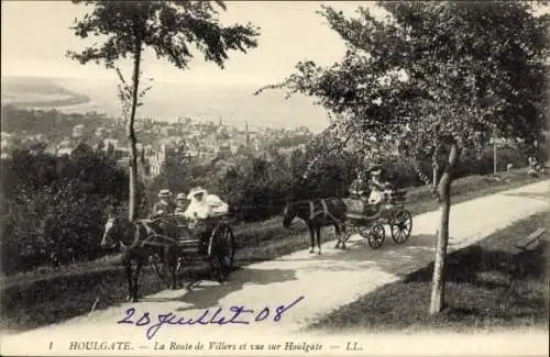 Ak Houlgate Calvados, Zwei Kutschen, Reiter, Straße mit Bäumen, Blick auf Houlgate