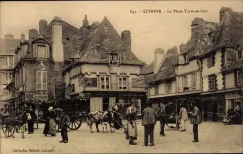 Ak Quimper Finistère, Historische Stadtansicht, La Place Terre-au-Dac, Krippe, Pferdewagen
