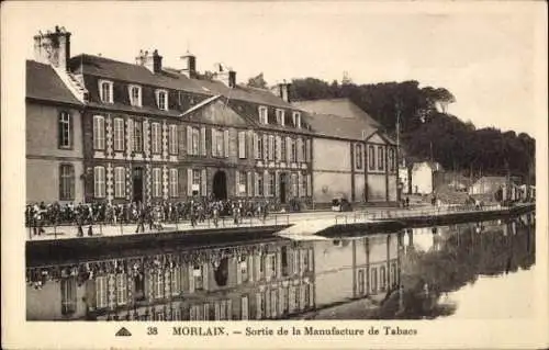 Ak Morlaix Finistère, Alte Fabrik, Tabakmanufaktur, Flussufer, Menschenmenge