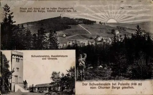Ak Schwedenstein bei Pulsnitz, Schwedensteine, Aussichtsturm, Veranda, Morgenstrahl, Ohorner Berg