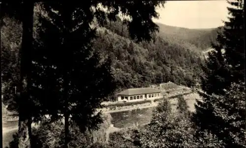 Ak Unterweißbach im Thüringer Wald, Schwimmbad, Landschaft, Wald, Gebäude, Natur