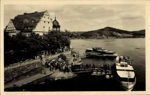 Ak Saalburg in Thüringen, Stausee, HO Gaststätte Kranich, Bootsanleger