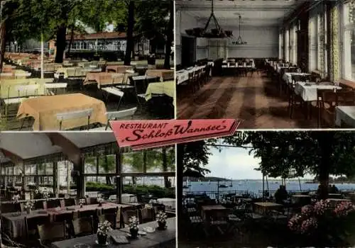 Ak Berlin Zehlendorf Wannsee, Restaurant Schloß Wannsee, Innenräume, Tische, Gartenblick