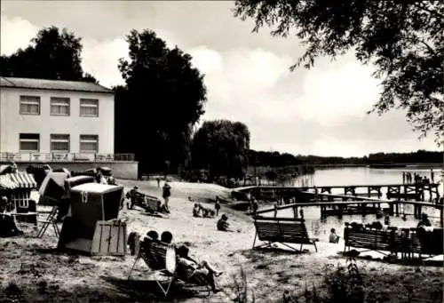 Ak Löcknitz in Vorpommern, Strandansicht, Badeanstalt, Personen am Wasser, Sandstrand, Bäume