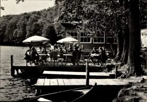 Ak Feldberg in Mecklenburg, Personen am See, Holzsteg, Schirme, Gebäude im Hintergrund