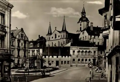 Ak Meerane in Sachsen, Stadtansicht mit markanten Gebäuden, n Charme, Straßenblick