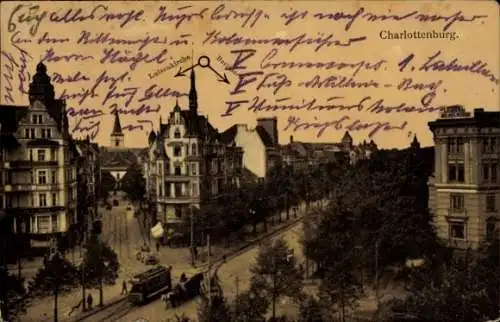 Ak Berlin Charlottenburg, Berliner Straße, Luisenkirche, Straßenbahn