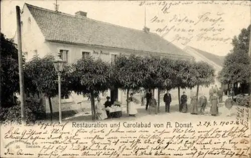 Ak Dresden Altstadt, Restauration und Carolabad von A. Donat, Gebäude mit Bäumen, Personen