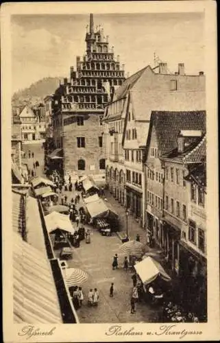 Ak Pößneck in Thüringen, Rathaus, Krautgasse, Marktszene,  Architektur, belebter Platz