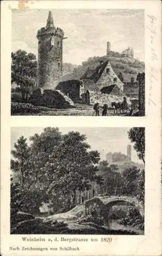 Ak Weinheim an der Bergstraße Baden, Historische Abbildungen, Gebäude, Brücke, Landschaft, um 182