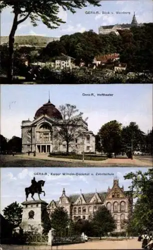 Ak Gera in Thüringen, Stadtansichten, Panorama, Hoftheater, Kaiser Wilhelm Denkmal, Zabelschule