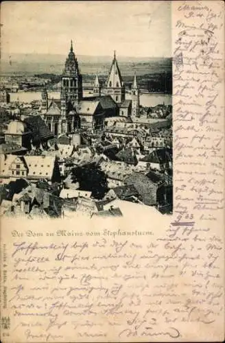 Ak Mainz am Rhein, Panoramaansicht von  der Main mit dem Dom von Mainz