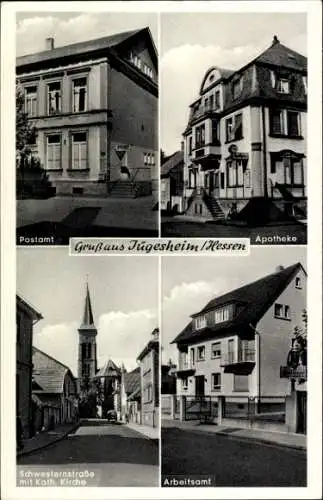 Ak Jügesheim Rodgau in Hessen, Postamt, Apotheke, Arbeitsamt, Kirche