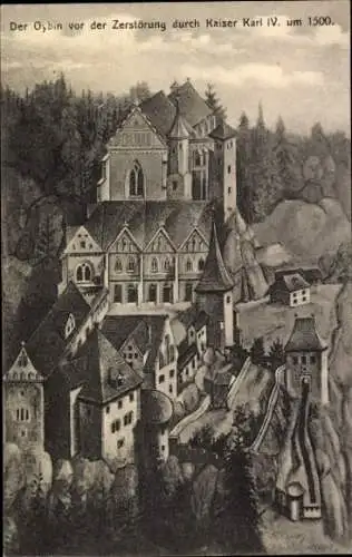 Ak Oybin in der Oberlausitz, Historische Abbildung, Festung, Gebäude, Landschaft, um 1500, Kaiser
