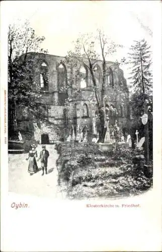 Ak Oybin in der Oberlausitz, Ruine der Klosterkirche, Friedhof mit Statuen, Spaziergänger