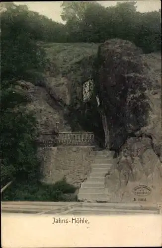 Ak Halle an der Saale, Jahns-Höhle, Treppe, Felsen, Geländer