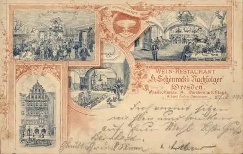 Ak Dresden Altstadt, Wein-Restaurant, S. Schönrock's Nachfolger, Illustrationen des Restaurants