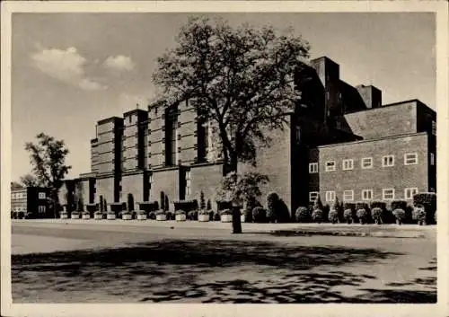 Ak Rotehorn Magdeburg an der Elbe, Stadthalle Rotehorn, Architektur, Bäume, Parkplatz