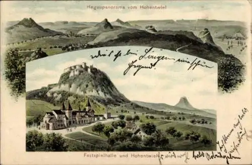 Ak Singen Hohentwiel Baden Württemberg, Hegaupanorama, Burg  Festspielhalle, Landschaftsblick