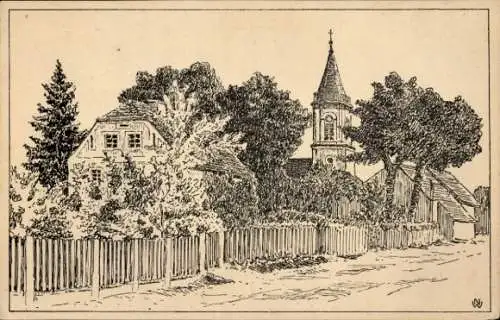Künstler Ak Weigersdorf Hohendubrau in der Oberlausitz, Lutherische Kirche und Pfarrhaus