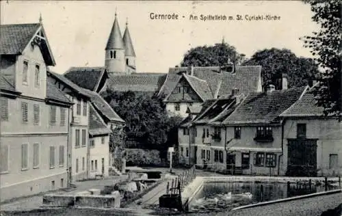 Ak Gernrode Quedlinburg im Harz, Spittelteich, St. Cyriaki-Kirche