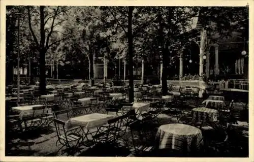 Ak Braunschweig in Niedersachsen, Kellerbiergarten, viele Tische und Stühle unter Bäumen, Schatte