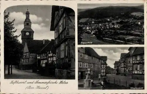 Ak Helsa in Hessen, Turm, Fachwerkhäuser, Gesamtbild, Straßenbild, Brunnen