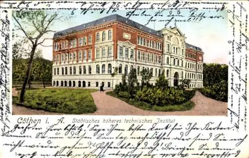 Ak Cöthen Köthen in Anhalt, Städtisches höheres technisches Institut, Gebäude, bunte Darstellung
