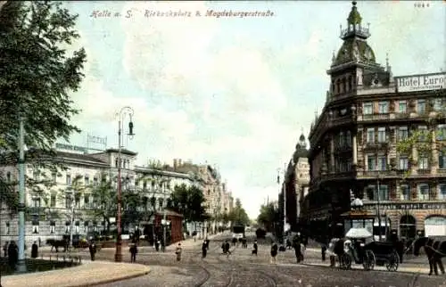 Ak Halle an der Saale, Kreuzung Riebeckplatz & Magdeburgerstraße, Hotel Euro, Pferdekutschen