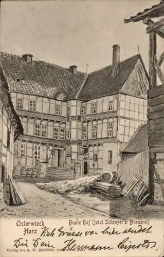 Künstler Ak Osterwieck am Harz, Bunte Hof, Schreyer's Brauerei
