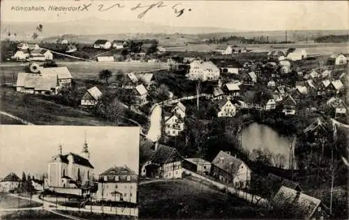 Ak Działoszyn Königshain b. Ostritz Bogatynia Reichenau Schlesien, Niederdorf, Gesamtansicht, Kirche