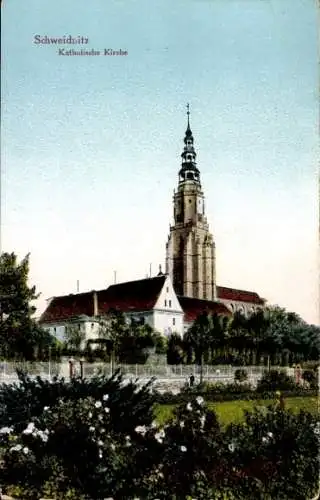 Ak Świdnica Schweidnitz Schlesien, Katholische Kirche, hohe Kirchturm, blühende Gartenanlagen,  A