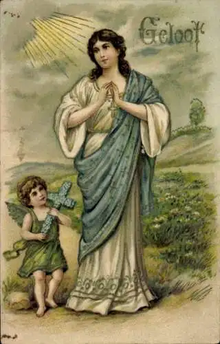 Ak Huissen Gelderland, Geloof, Engel mit Kreuz, Frau mit blauem Umhang und Heiligenschein